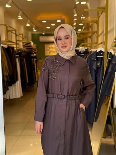 Lissmore 5975 Boncuk İşlemeli Elbise Kahverengi
