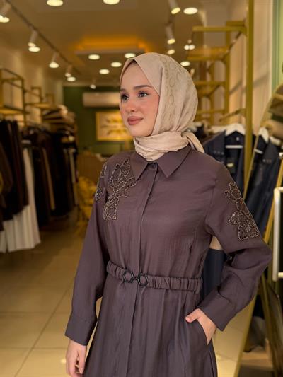 Lissmore 5975 Boncuk İşlemeli Elbise Kahverengi