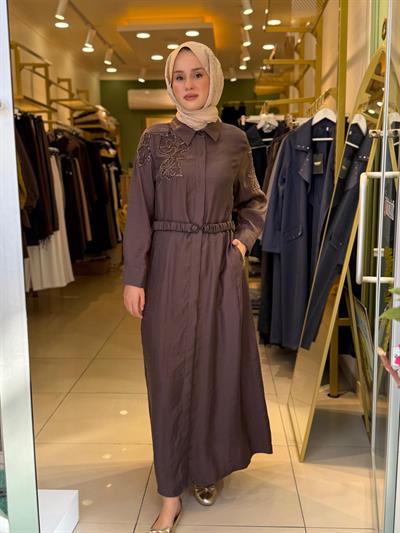 Lissmore 5975 Boncuk İşlemeli Elbise Kahverengi
