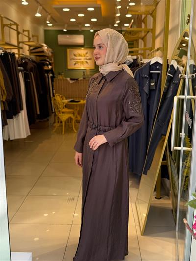 Lissmore 5975 Boncuk İşlemeli Elbise Kahverengi
