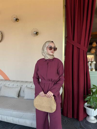 Modal Kumaş Kemer Detay Takım Bordo