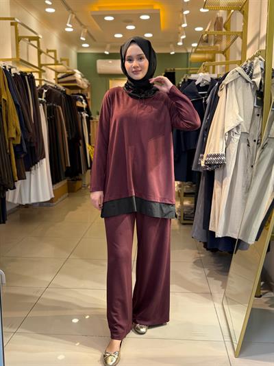 Nuss 1008 Boyun Detaylı  Pantolonlu Takım Bordo