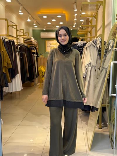 Nuss 1008 Boyun Detaylı  Pantolonlu Takım Yeşil