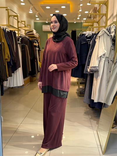 Nuss 1008 Boyun Detaylı  Pantolonlu Takım Bordo