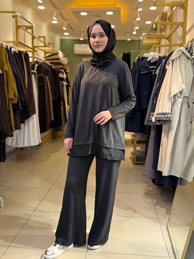 Nuss 1008 Boyun Detaylı  Pantolonlu Takım Antrasit