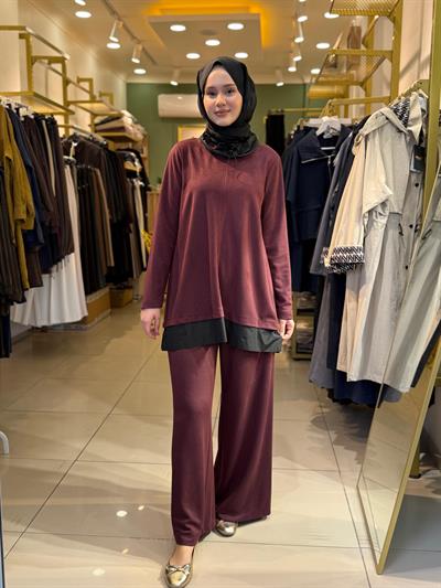 Nuss 1008 Boyun Detaylı  Pantolonlu Takım Bordo
