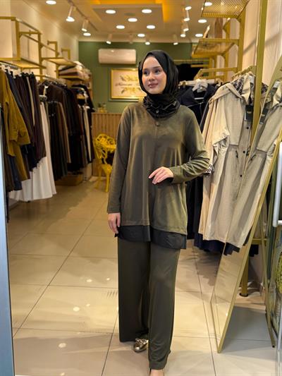 Nuss 1008 Boyun Detaylı  Pantolonlu Takım Yeşil