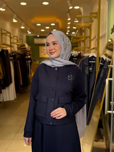 Nuss 1015 Yaka Boncuk İşleme Detaylı Etekli Takım Lacivert
