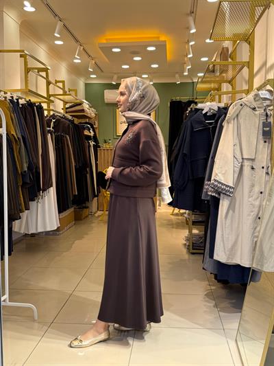 Nuss 1015 Yaka Boncuk İşleme Detaylı Etekli Takım Kahverengi