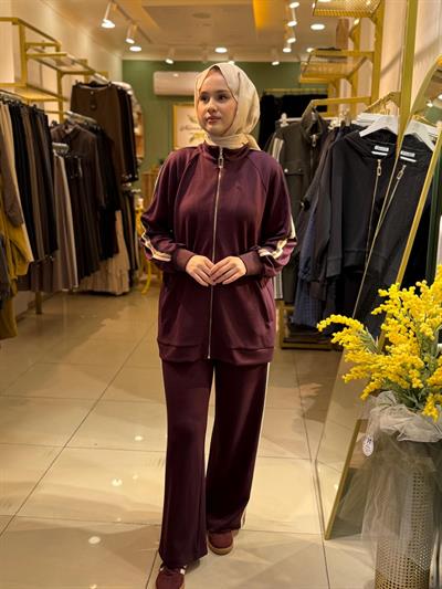 Nuss 1039 Yanı Şerit Detaylı Pantolonlu Takım Bordo