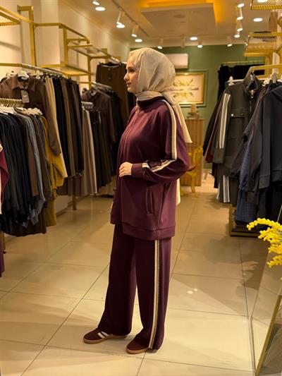 Nuss 1039 Yanı Şerit Detaylı Pantolonlu Takım Bordo