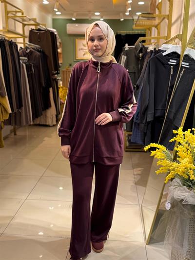 Nuss 1039 Yanı Şerit Detaylı Pantolonlu Takım Bordo