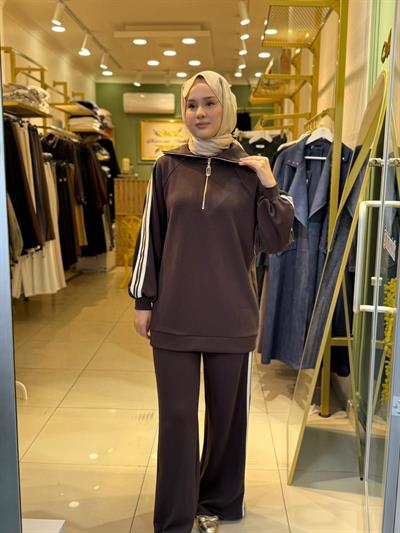 Nuss 1041 Yaka Fermuar Detaylı Takım Kahverengi