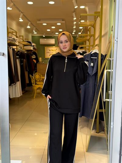 Nuss 1041 Yaka Fermuar Detaylı Takım Siyah