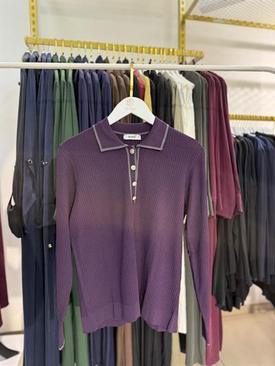 Nuss 1210 Yaka Düğmeli  Fitilli Merserize Tunik Mor