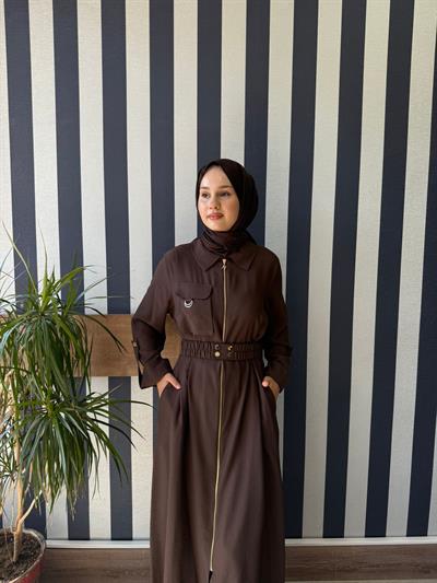 Nuss  2001 Fermuarlı Tam Boy Elbise Kahverengi