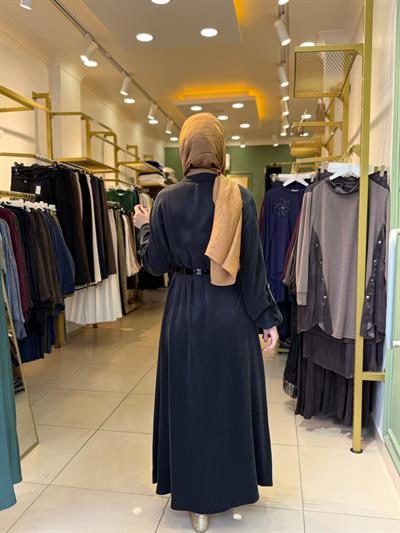 Nuss 2002 Vegan Kumaş Kemerli Elbise Siyah
