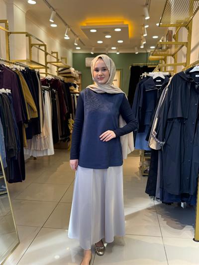 Nuss 3004 Nubuk Yaka İşleme Detaylı Tunik Lacivert