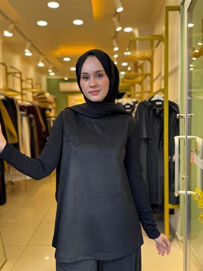 Nuss 3004 Nubuk Yaka İşleme Detaylı Tunik Siyah