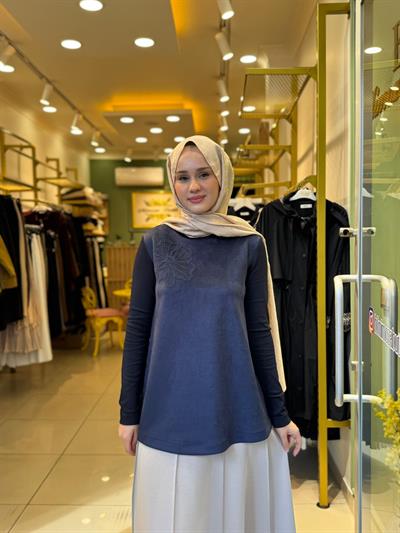 Nuss 3004 Nubuk Yaka İşleme Detaylı Tunik Lacivert