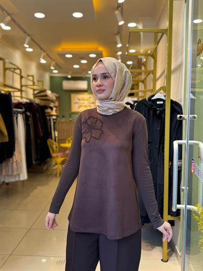 Nuss 3004 Nubuk Yaka İşleme Detaylı Tunik Kahverengi