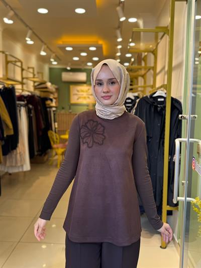 Nuss 3004 Nubuk Yaka İşleme Detaylı Tunik Kahverengi