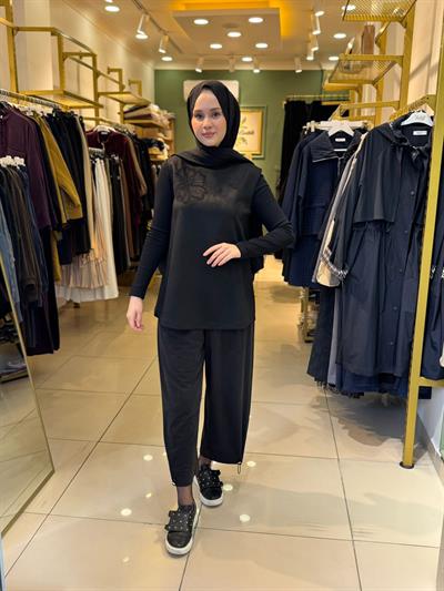 Nuss 3004 Nubuk Yaka İşleme Detaylı Tunik Siyah