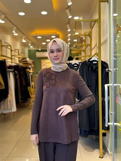 Nuss 3004 Nubuk Yaka İşleme Detaylı Tunik Kahverengi
