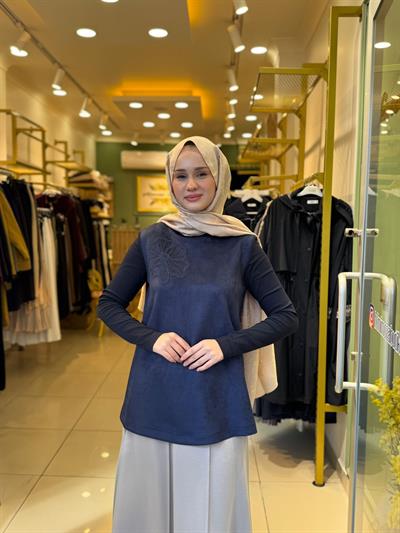 Nuss 3004 Nubuk Yaka İşleme Detaylı Tunik Lacivert