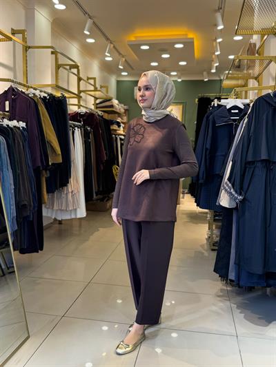 Nuss 3004 Nubuk Yaka İşleme Detaylı Tunik Kahverengi