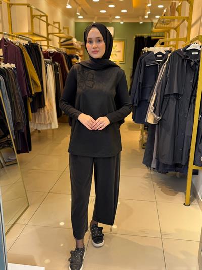 Nuss 3004 Nubuk Yaka İşleme Detaylı Tunik Siyah