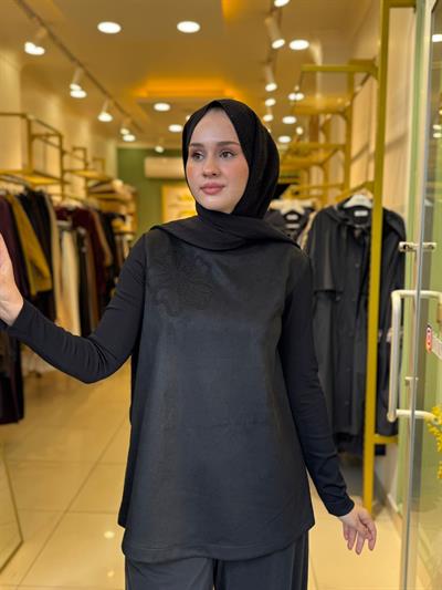 Nuss 3004 Nubuk Yaka İşleme Detaylı Tunik Siyah