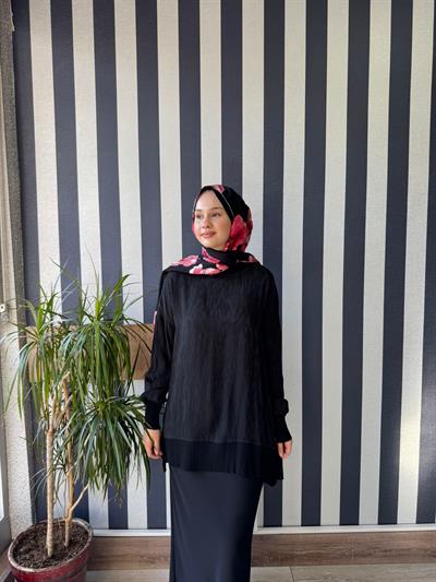 Nuss 3009 Kendinden Desenli İpek Cupra Tunik Siyah
