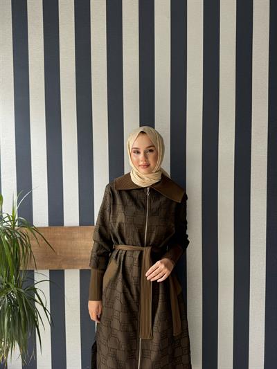 Nuss 6004  Şal Yaka Kendinden Kabartma Desen Kap Kahverengi