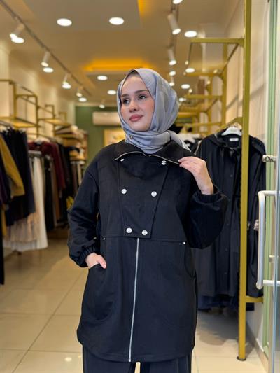 Nuss 6031 Yaka Çıtçıt Ve Fermuar Detaylı Nubuk Kap Siyah