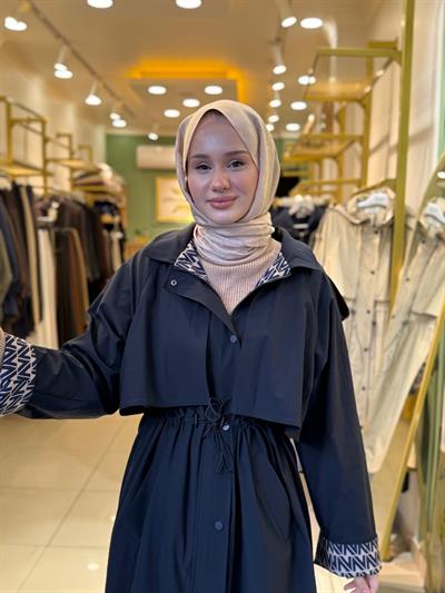 Nuss 6033 Kapüşon Ve Kol Yazı Detaylı Trench Lacivert