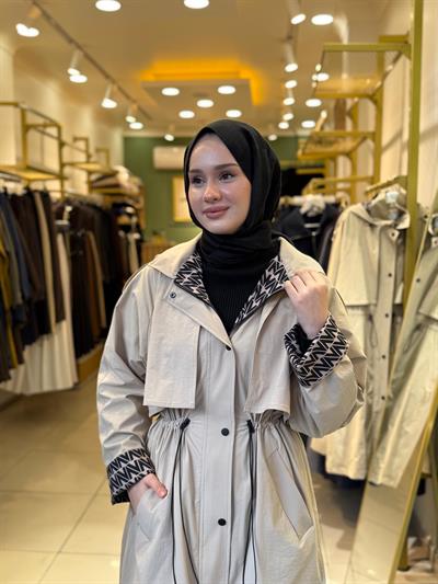 Nuss 6033 Kapüşon Ve Kol Yazı Detaylı Trench Camel