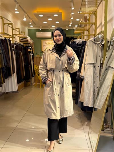 Nuss 6033 Kapüşon Ve Kol Yazı Detaylı Trench Camel