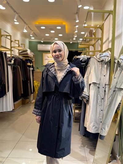 Nuss 6033 Kapüşon Ve Kol Yazı Detaylı Trench Lacivert