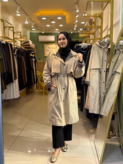 Nuss 6033 Kapüşon Ve Kol Yazı Detaylı Trench Camel