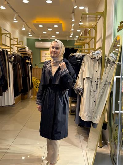 Nuss 6033 Kapüşon Ve Kol Yazı Detaylı Trench Lacivert