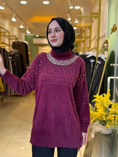 Nuss 7003 Balıkçı Yaka İşlemeli Angora Tunik Bordo