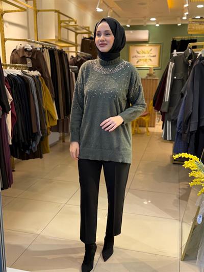 Nuss 7003 Balıkçı Yaka İşlemeli Angora Tunik Haki
