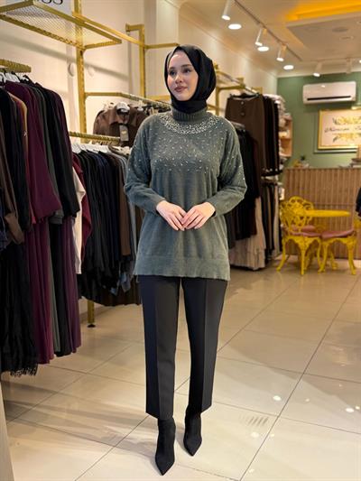Nuss 7003 Balıkçı Yaka İşlemeli Angora Tunik Haki