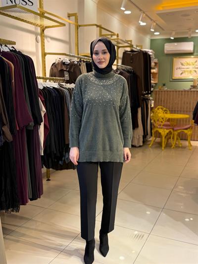 Nuss 7003 Balıkçı Yaka İşlemeli Angora Tunik Haki