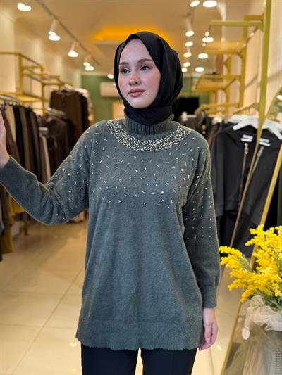 Nuss 7003 Balıkçı Yaka İşlemeli Angora Tunik Haki