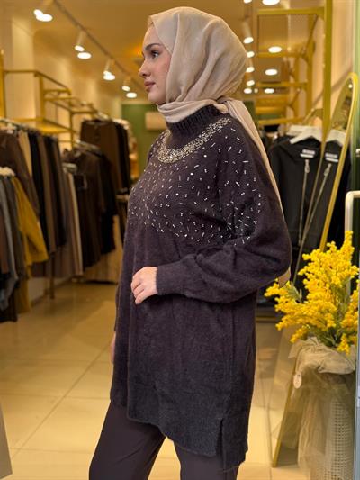 Nuss 7003 Balıkçı Yaka İşlemeli Angora Tunik Kahverengi