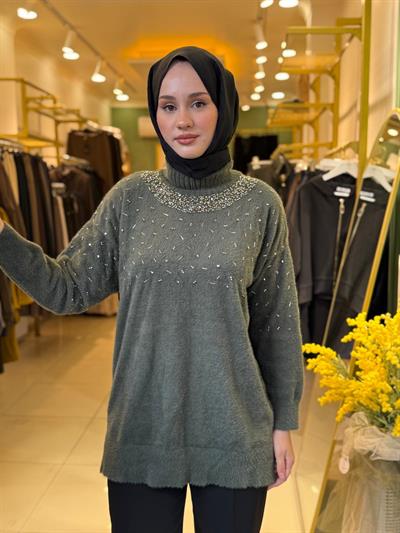 Nuss 7003 Balıkçı Yaka İşlemeli Angora Tunik Haki