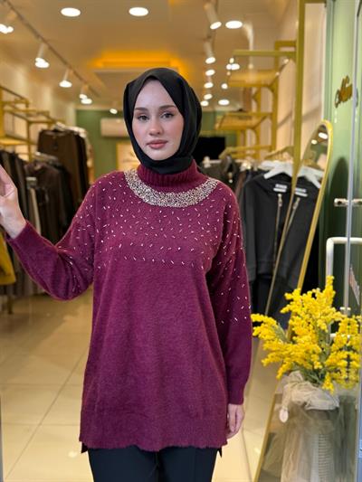 Nuss 7003 Balıkçı Yaka İşlemeli Angora Tunik Bordo