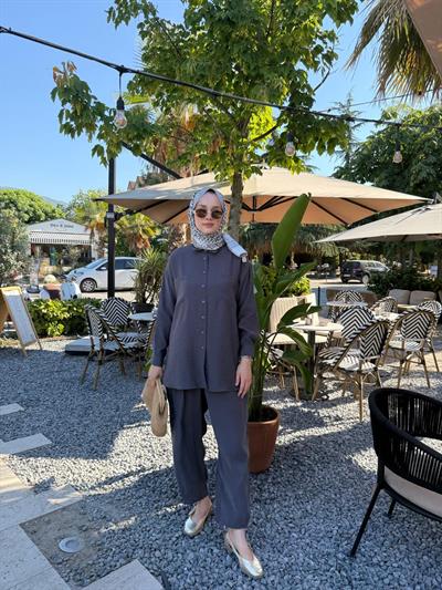 Nuss Çift Cep Detaylı Pantolonlu Takım  1046 Gri